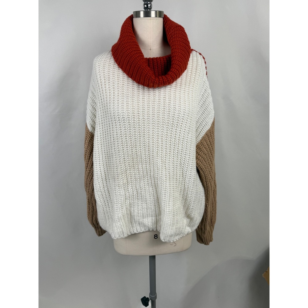 Pink Lily Large Color Block Knit Cowl Neck Sweater Chunky Preppy Oversized